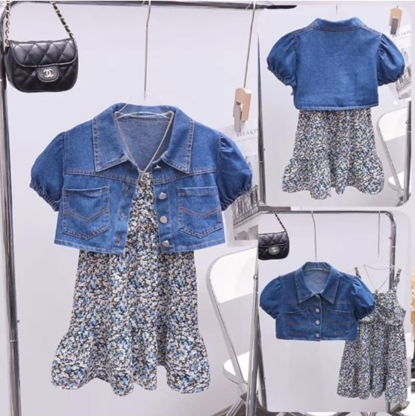 Une robe pour petite fille et une veste en jean avec des boutons