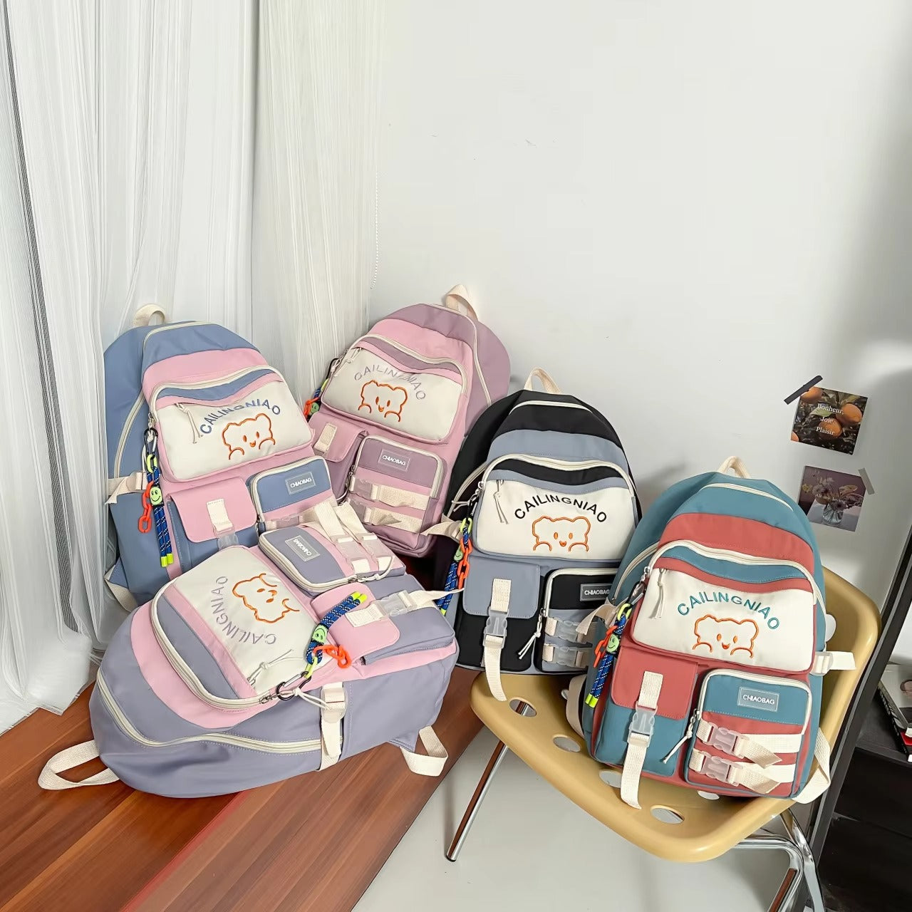 Korean Style Multi-Pocket Backpacks for Girls and boys, Embroidered Bear Waterproof School Bags