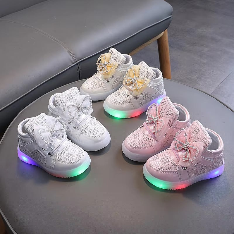 Chaussures lumineuses pour enfants, bottes hautes à semelle lumineuse pour filles, baskets LED pour enfants et filles, nouvelle collection de princesse avec nœud papillon