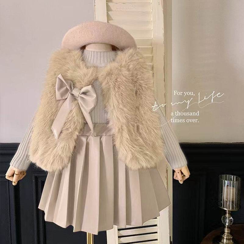 3pcs ' Elegant Winter Fur-like Coat & Skirt Set with Bow Detailing