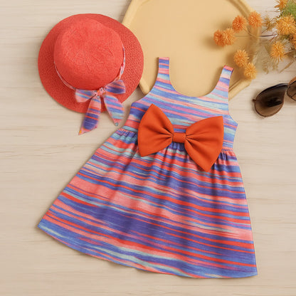 Robe d'été colorée pour fille avec un chapeau élégant et un grand nœud papillon