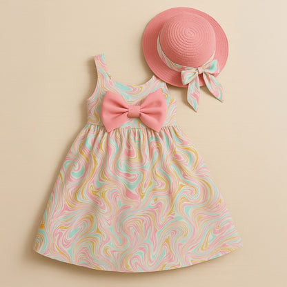Robe d'été colorée pour fille avec un chapeau élégant et un grand nœud papillon 2