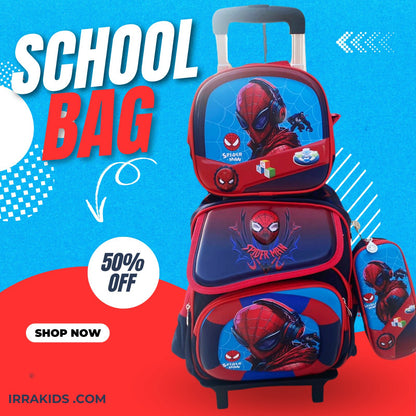 Stylish 3-Piece Cartoon Design Rolling School Bag Set for Kids