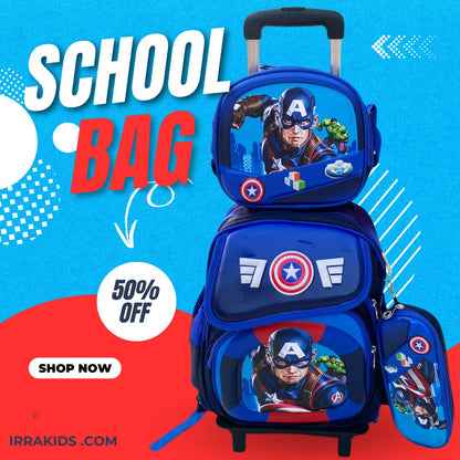 Stylish 3-Piece Cartoon Design Rolling School Bag Set for Kids