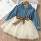 ✨ Elegant Girls Denim & Tulle Dress with Leopard Bow – Princess Style Outfit