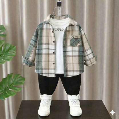 Boys 3-Piece Modern Plaid Flannel Shirt, SURFLO Graphic T-shirt, and Jogger Pants Outfit Set