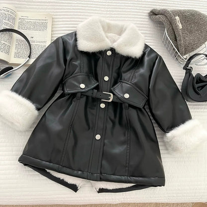 Veste d'hiver élégante pour fille avec bordure en fourrure douce et ceinture à la taille