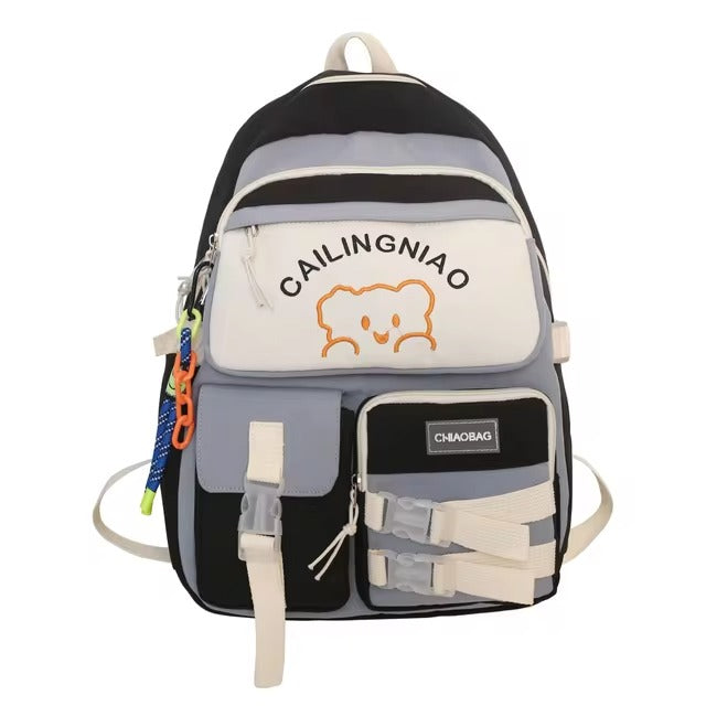 Korean Style Multi-Pocket Backpacks for Girls and boys, Embroidered Bear Waterproof School Bags