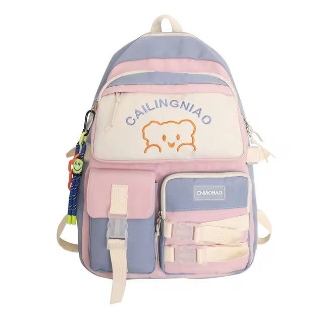 Korean Style Multi-Pocket Backpacks for Girls and boys, Embroidered Bear Waterproof School Bags