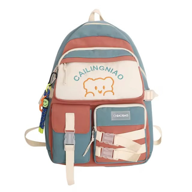 Korean Style Multi-Pocket Backpacks for Girls and boys, Embroidered Bear Waterproof School Bags