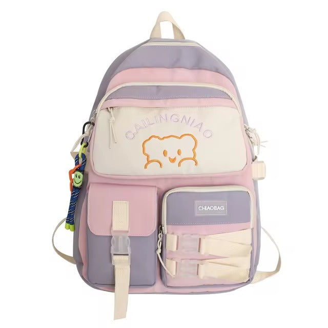 Korean Style Multi-Pocket Backpacks for Girls and boys, Embroidered Bear Waterproof School Bags