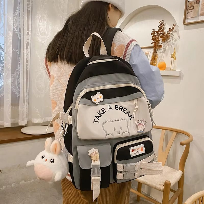 Korean Style Multi-Pocket Backpacks for Girls and boys, Embroidered Bear Waterproof School Bags