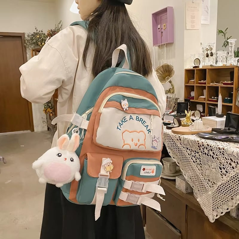 Korean Style Multi-Pocket Backpacks for Girls and boys, Embroidered Bear Waterproof School Bags