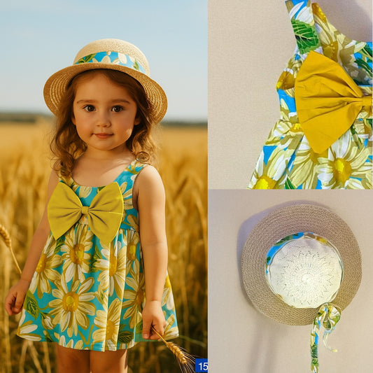 Charmant ensemble robe à fleurs et chapeau – Bowknot sans manches été/printemps