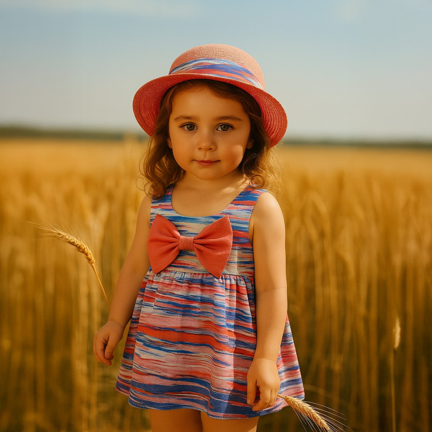 Robe d'été colorée pour fille avec un chapeau élégant et un grand nœud papillon