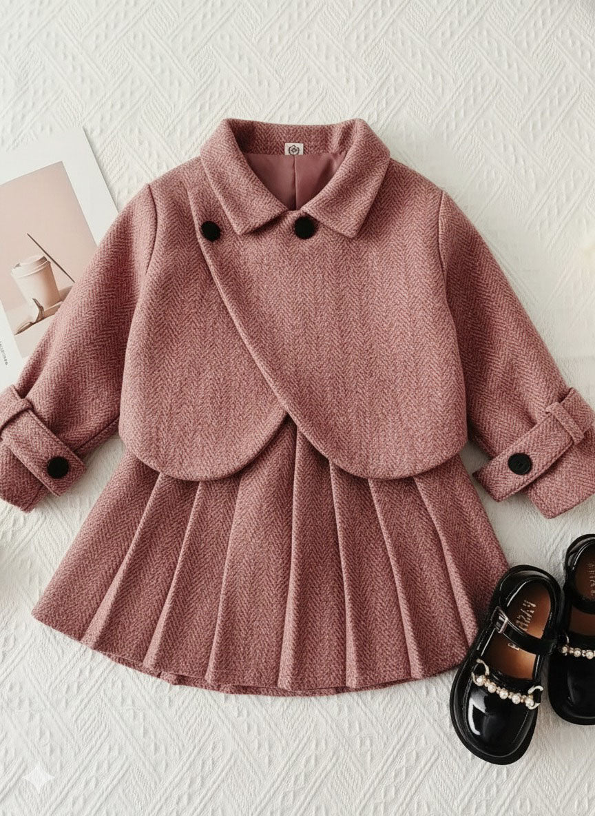 Ensemble deux pièces automne/hiver pour fille : manteau à revers en tweed décontracté et jupe plissée rétro