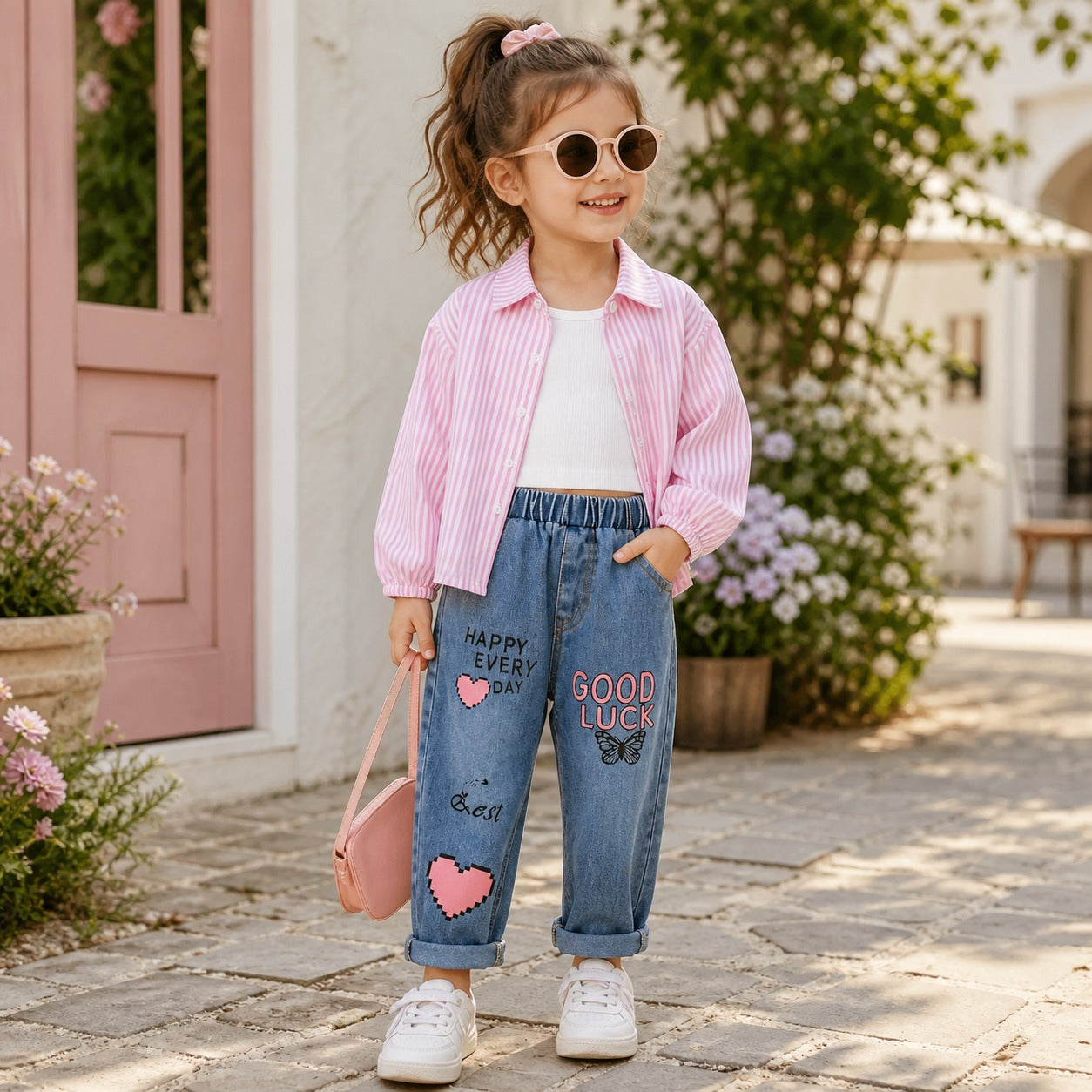 💖 Ensemble 3 Pièces Chic pour Fille – Chemise Rayée Rose, Haut Blanc & Jean Tendance 💖