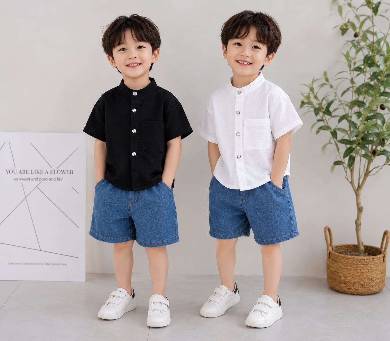 Stylish kids' outfit with a modern design, featuring a button-up shirt and denim shorts – perfect for a comfortable and coordinated look on sunny days!