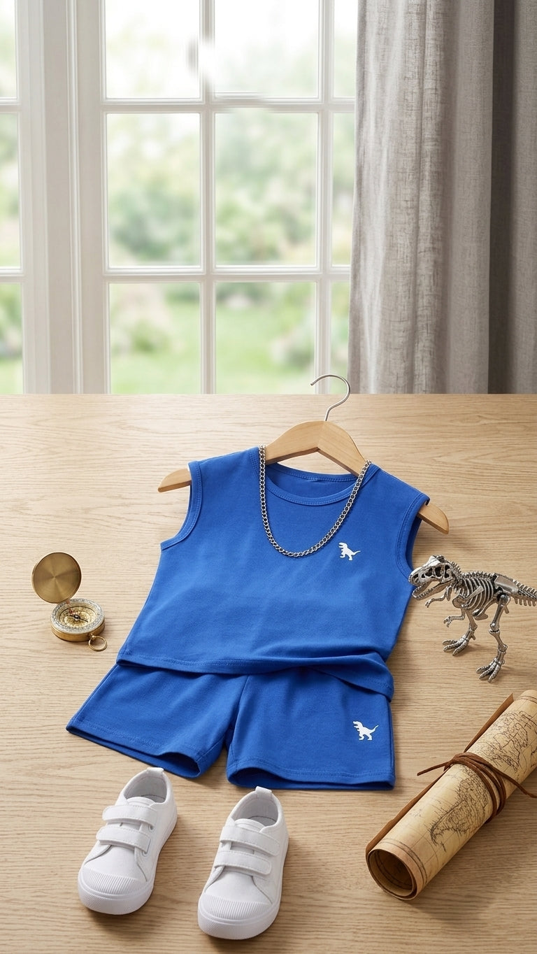 Cute Print Summer Tank Top and Shorts Set with Crew Neck for Kids
