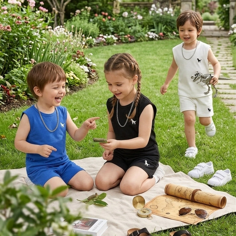 Cute Print Summer Tank Top and Shorts Set with Crew Neck for Kids