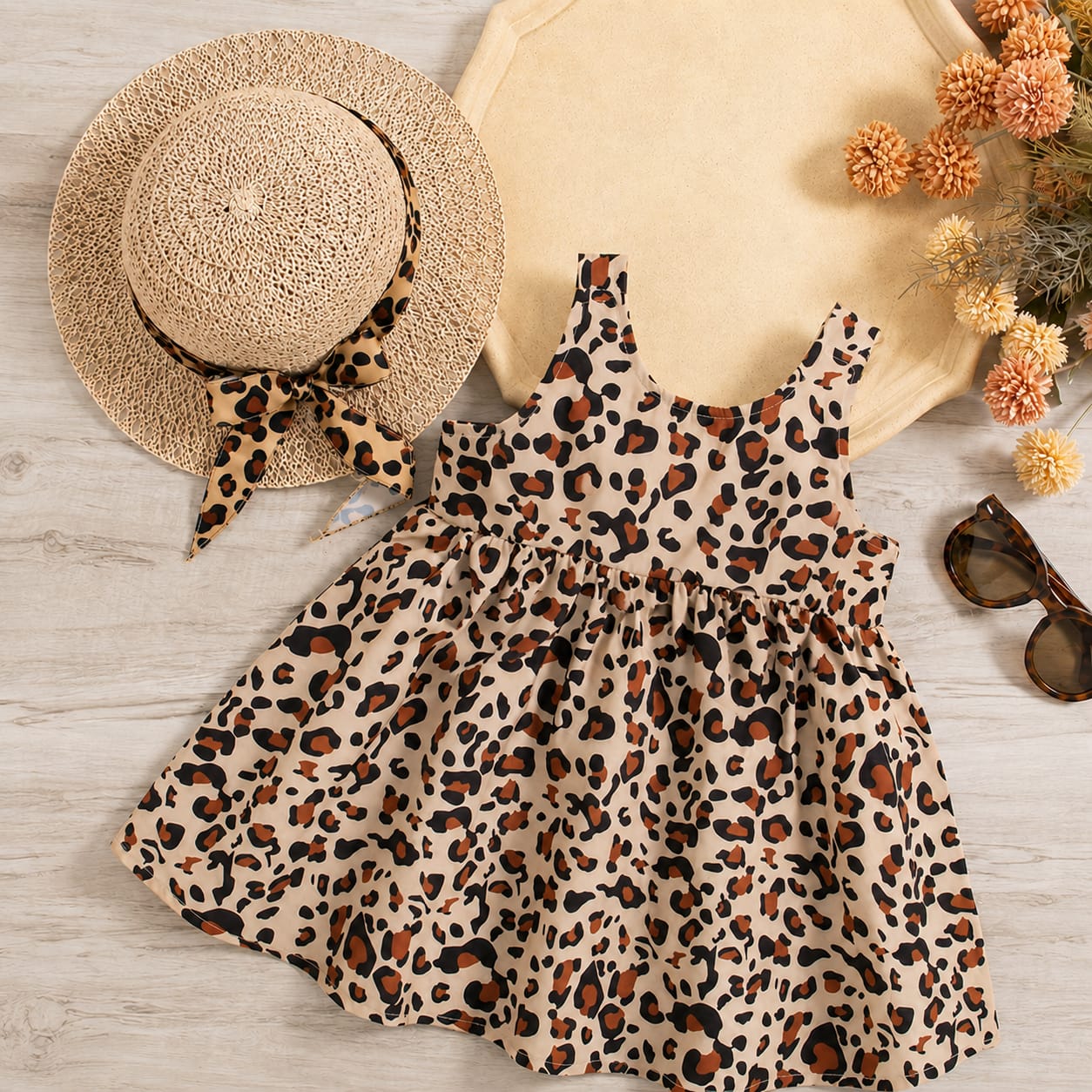 Ensemble deux pièces 100 % coton, robe léopard à col carré, sans manches, nœud papillon et chapeau