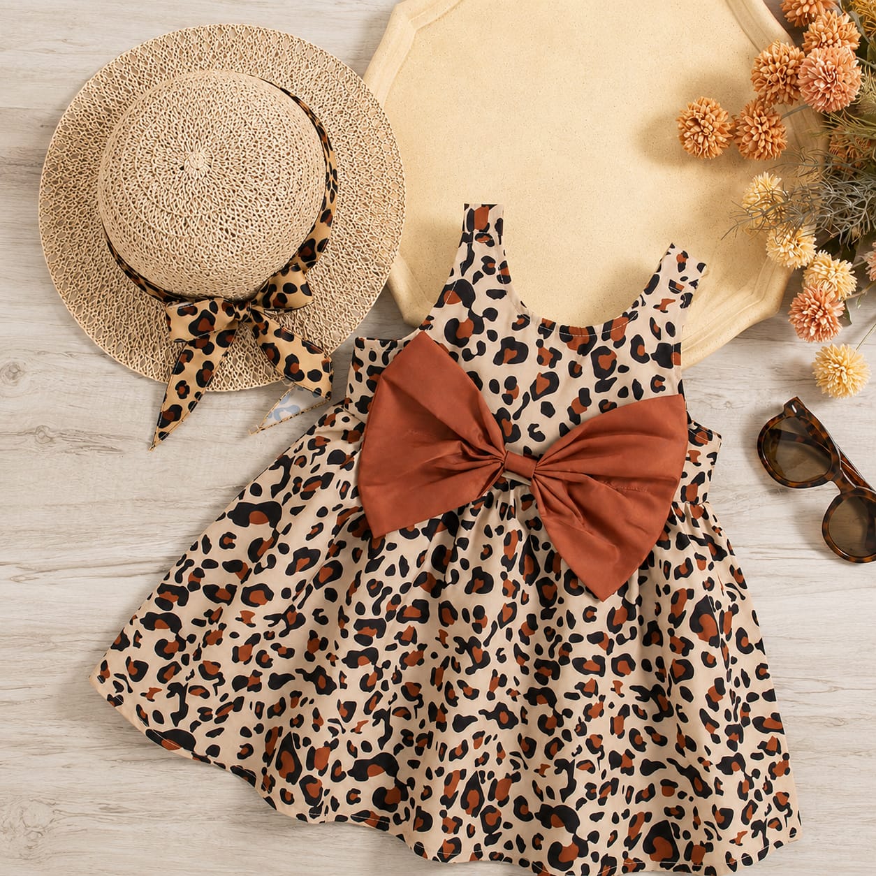 Ensemble deux pièces 100 % coton, robe léopard à col carré, sans manches, nœud papillon et chapeau