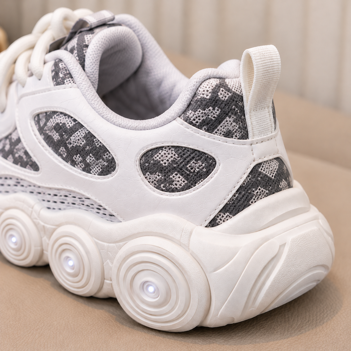 Baskets tendance à semelles épaisses pour enfants avec empiècements à motifs, laçage réglable et détails circulaires audacieux sur la semelle – Chaussures élégantes du quotidien pour filles et garçons