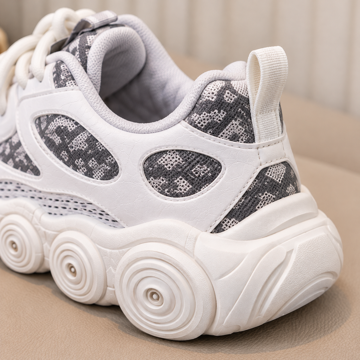 Kids’ Trendy Chunky Sneakers with Patterned Panels, Adjustable Lace-Up Fastening and Bold Circular Sole Details – Stylish Everyday Shoes for Boys and Girls