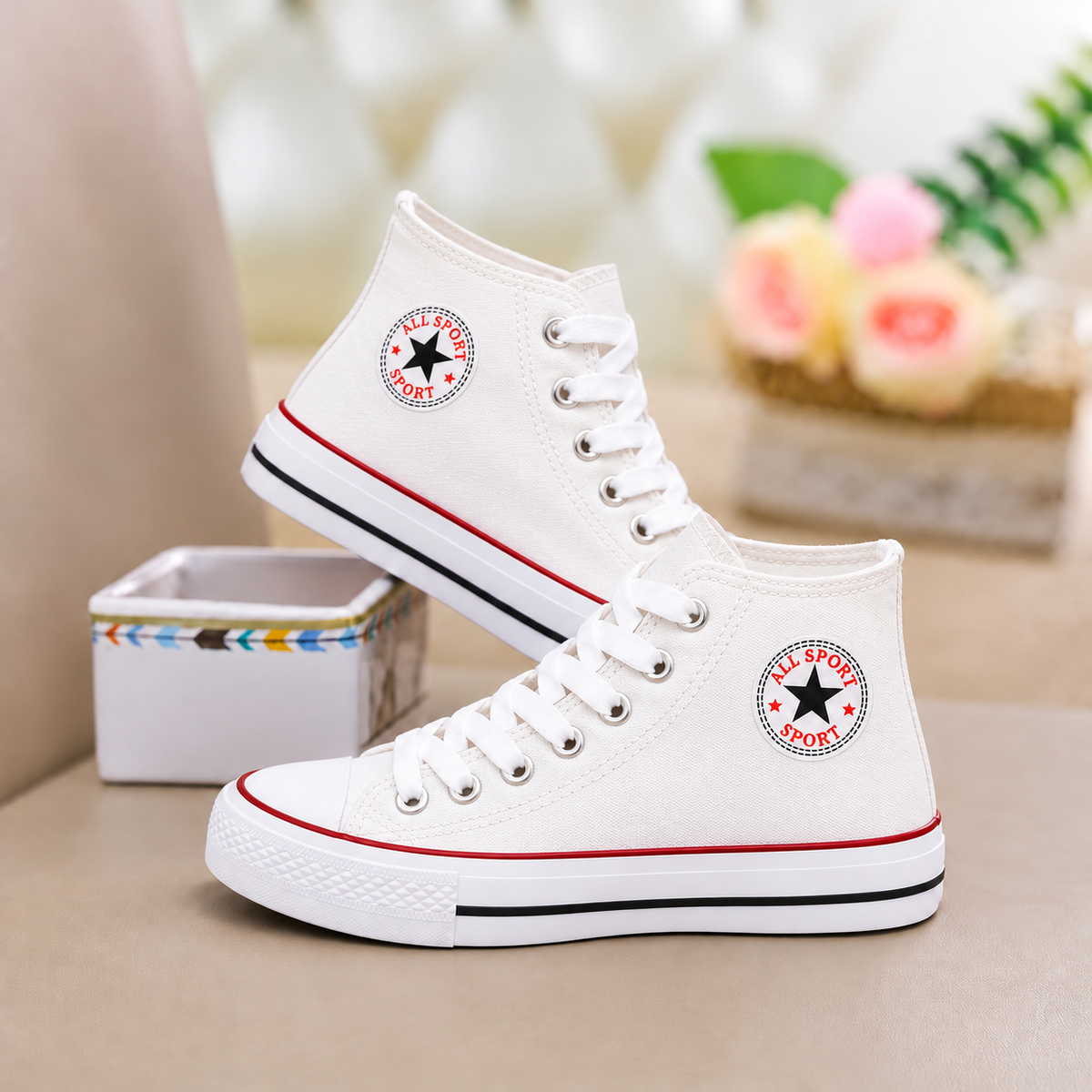Kids’ Classic High-Top Lace-Up Sneakers in Black and White with Star Patch Details, Contrast Trim, and Timeless Everyday Style for Boys and Girls