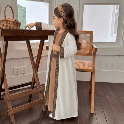 Robe Traditionnelle Classique Brodé avec Ceinture pour Fille – Ivoire et Beige