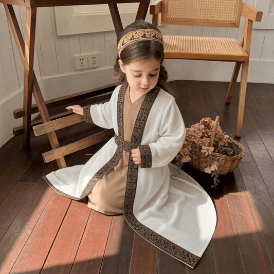 Robe Traditionnelle Classique Brodé avec Ceinture pour Fille – Ivoire et Beige