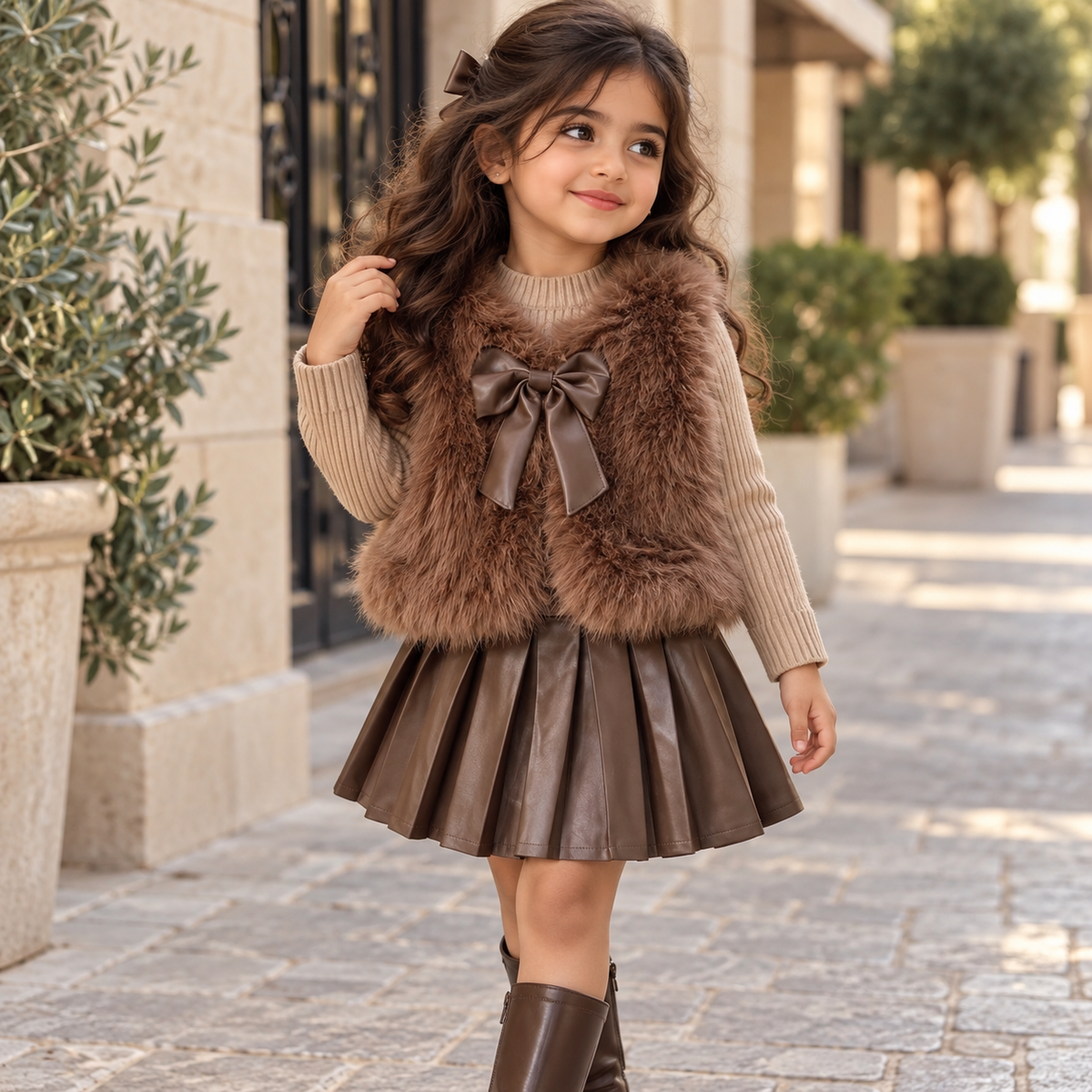 Ensemble 3 pièces « Manteau et jupe élégants en fausse fourrure avec détails de nœud »