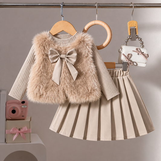3pcs ' Elegant Winter Fur-like Coat & Skirt Set with Bow Detailing