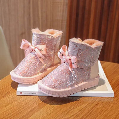 Super Cozy Girls' Snow Boots: Shining Pink & Silver, Faux Fur Lined, Non-Slip Ankle Mid Calf Booties - IRRAKIDS