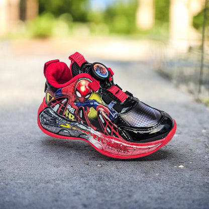 Nouvelles chaussures de sport tendance Spiderman pour garçons : avec lumières LED et bouton rotatif facile à porter