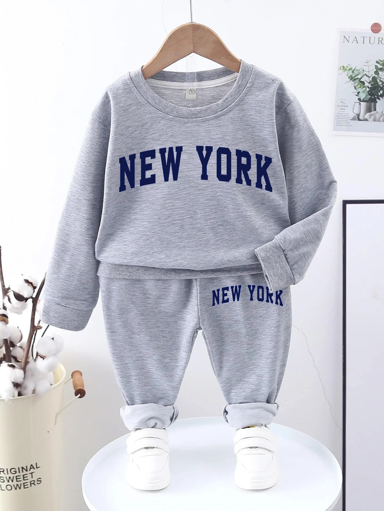 2 pièces Gris clair mélangé/New York : Ensemble de survêtement en coton douillet pour enfants - Unisexe