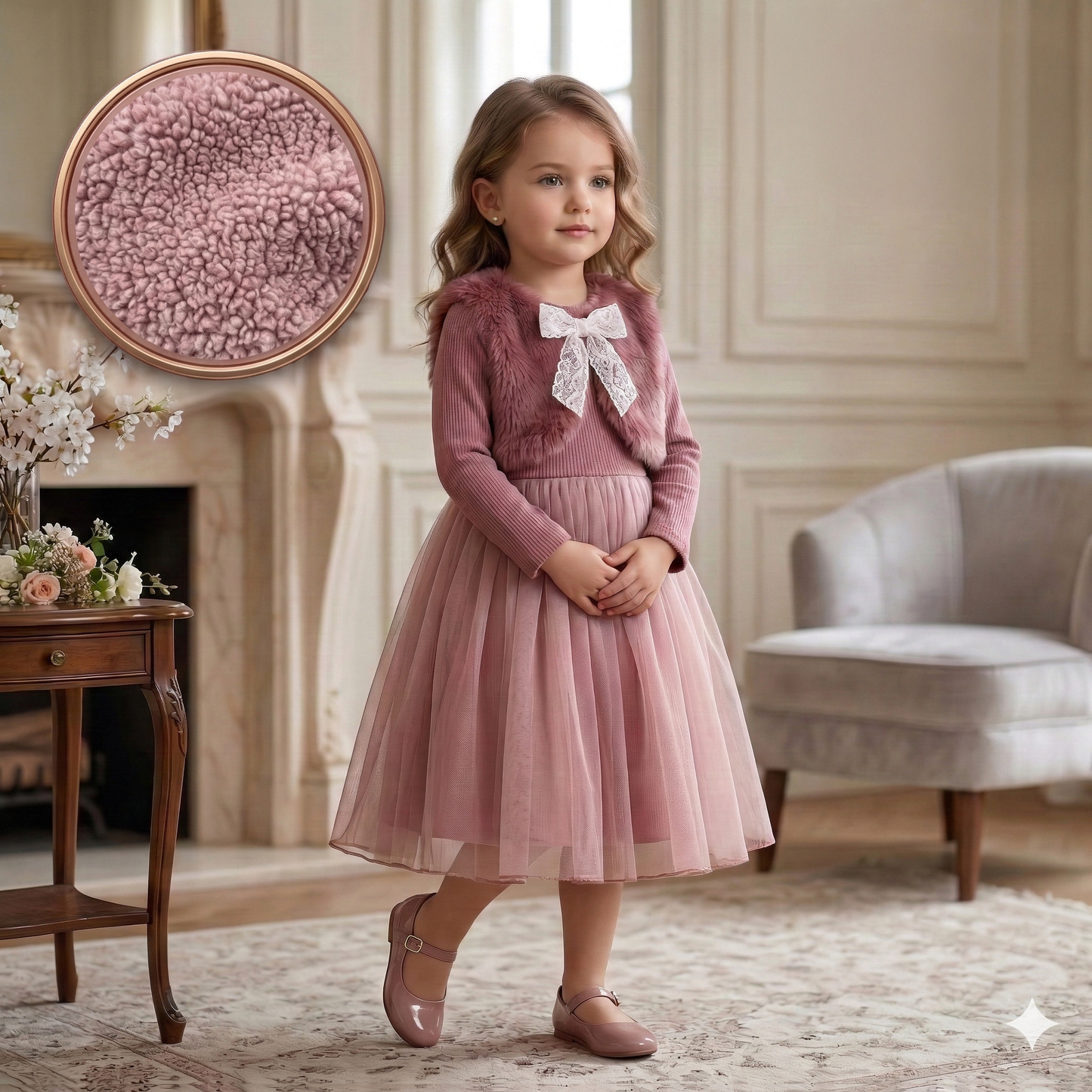 Ensemble 2 pièces pour fille : robe en tulle rose poudré enchanté et gilet en fausse fourrure