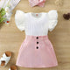 New European & American Girls' Ribbed Ruffle Sleeve Top and Corduroy Skirt Set