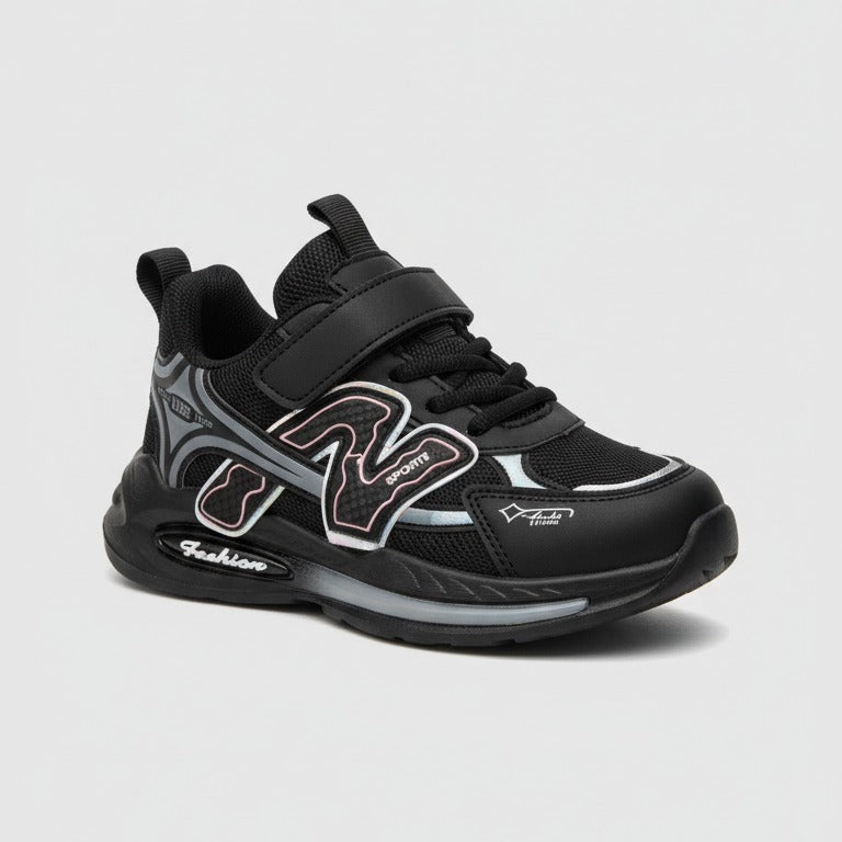Boys Sport Sneakers: Quick On, Strap+Laces Stay Put — Product image: He can gear up solo in seconds: laces plus a hook-and-loop strap lock in the fit