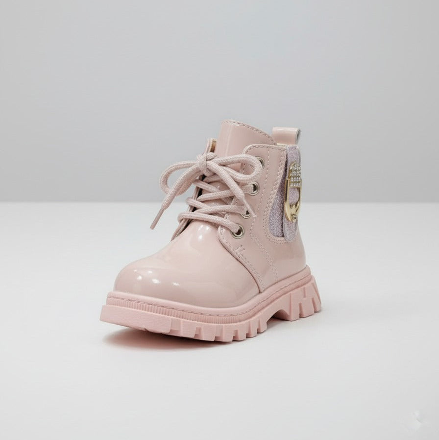 Girls' glossy lace-up ankle boots with chunky lug sole — Product image: 