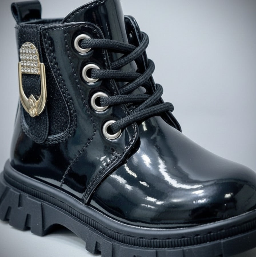 Girls' glossy lace-up ankle boots with chunky lug sole — Product image: 