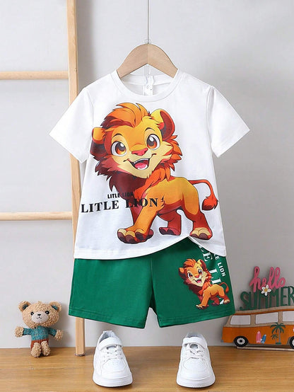 Ensemble de t-shirt à manches courtes à motif de lion de dessin animé pour petits garçons