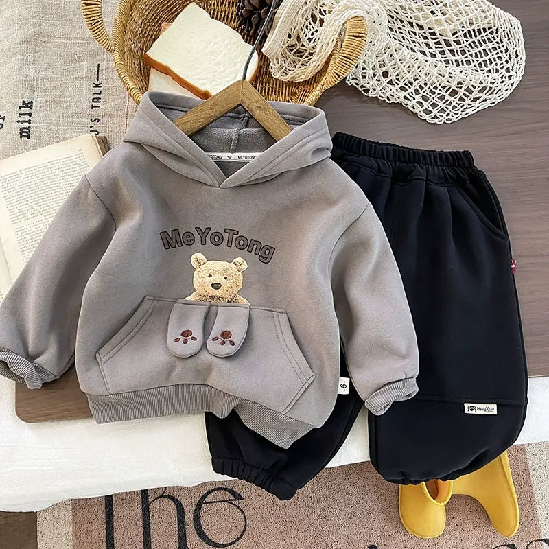 Kids’ Cozy Three-Piece Outfit with Teddy Bear Hooded Sweatshirt, Beige Zip-Up Padded Vest and Black Elastic-Waist Jogger Pants for Everyday Autumn and Winter Style