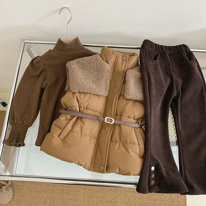 Stylish Winter Outfit for Kids – Puffer Jacket with Belt & Corduroy Pants