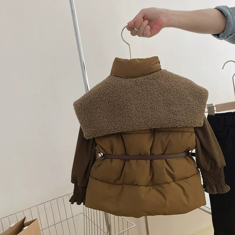 Stylish Winter Outfit for Kids – Puffer Jacket with Belt & Corduroy Pants
