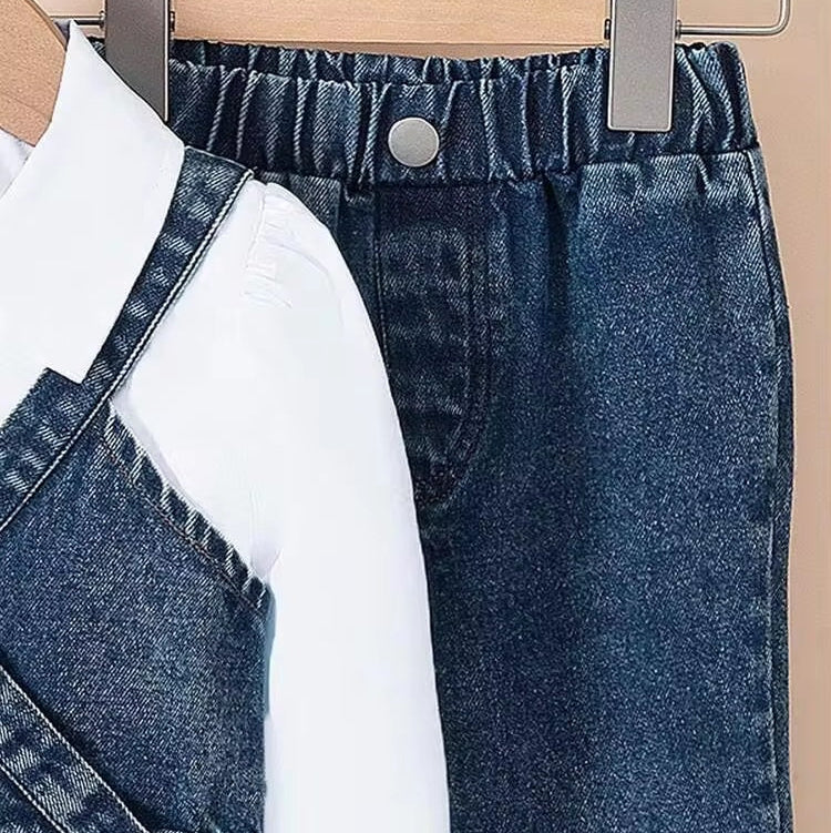 Girls' 3-Piece Denim Flare Pants Set with White Puff Sleeve Shirt & Layered Denim Camisole