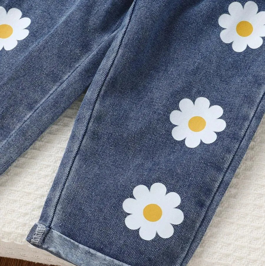 Sunny Daisy Girls Set – Sleeveless Top & Floral Denim Pants