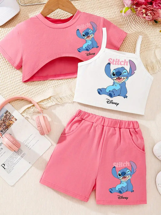 "Disney Stitch Girls' 3-Piece Summer Outfit – Crop Top, Tank & Shorts Set for Outdoor Fun & Casual Wear"