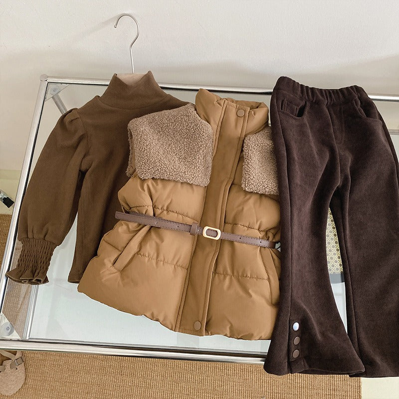 Stylish Winter Outfit for Kids – Puffer Jacket with Belt & Corduroy Pants