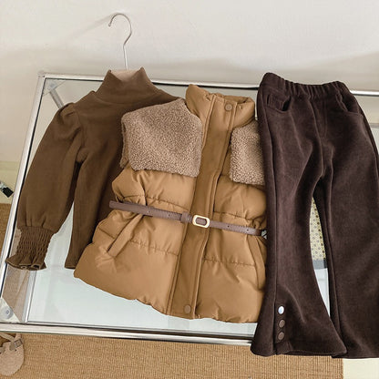 Stylish Winter Outfit for Kids – Puffer Jacket with Belt & Corduroy Pants
